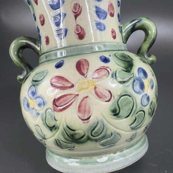 Vintage Japanese Ceramic Vase With Handles Vessel With Majolica Floral Pattern - Picture 9 of 16